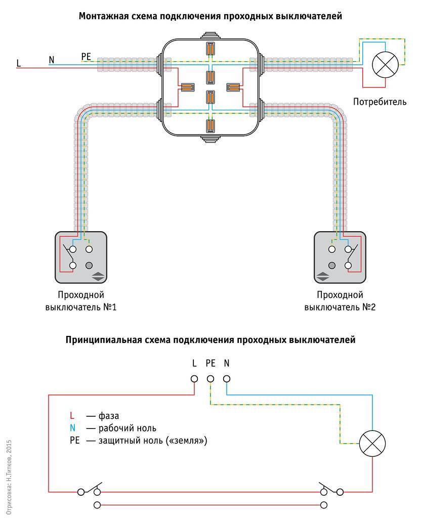 Схема подключения проходного выключателя с 3х мест - инструкция