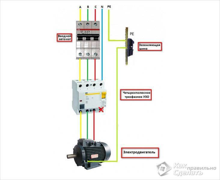 Схема подключения дифавтомата в трехфазной сети с заземлением