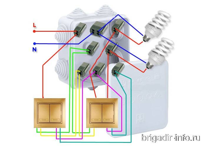 Как собрать несколько. Схема подключения двойного проходного выключателя с 2х. Как подключить двойной проходной выключатель на 2. Расключение двойного проходного выключателя. Схема соединения двухклавишного проходного выключателя.