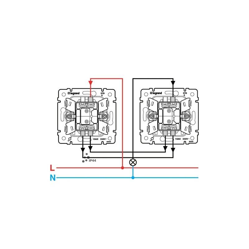 Схема для подключения двухклавишного проходного выключателя legrand