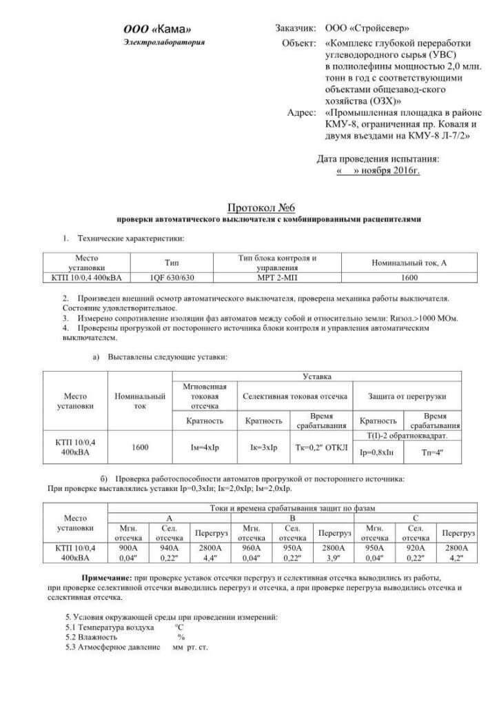 Протокол прогрузки автоматических выключателей образец