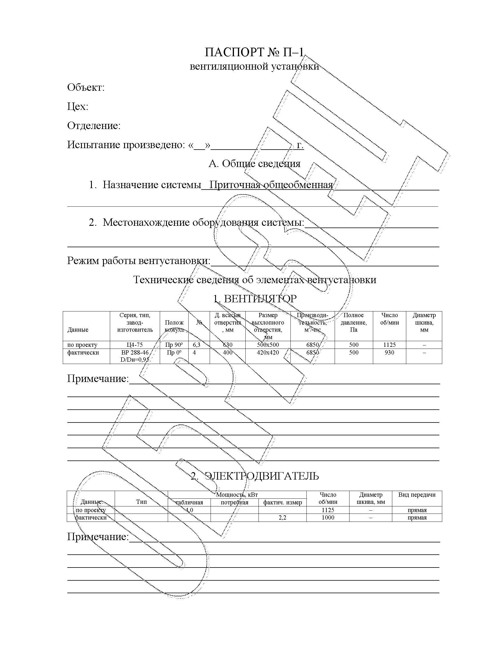 Вентиляционный паспорт образец