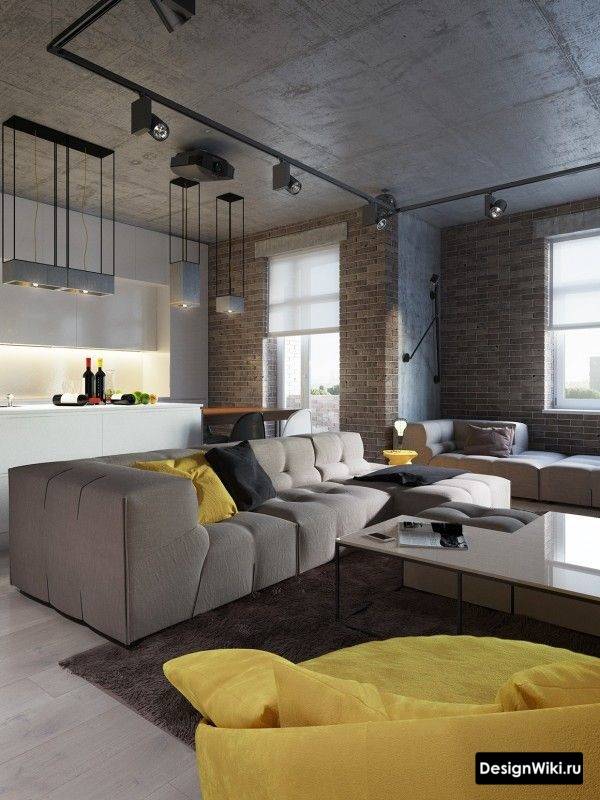 Кухня-гостиная в стиле лофт (48 фото): дизайн интерьера совмещенного помещения 22 кв.метра