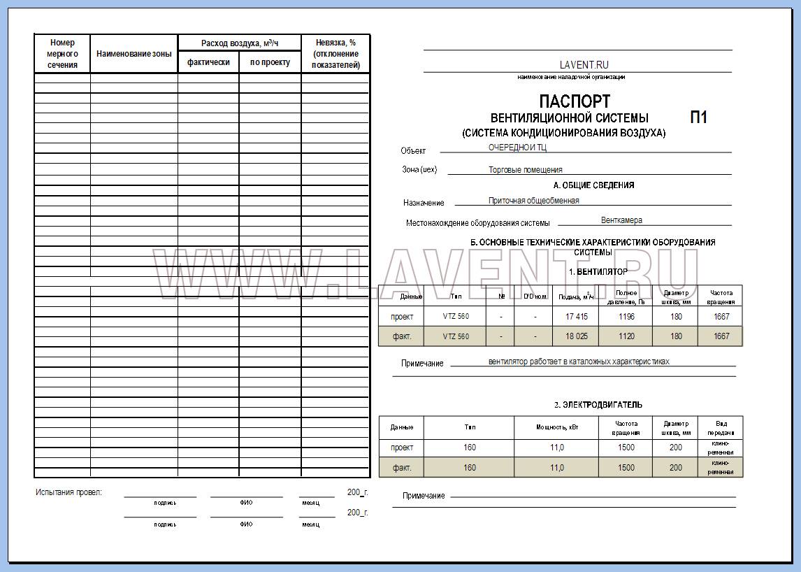 Образец паспорт на вентиляционную систему образец заполнения