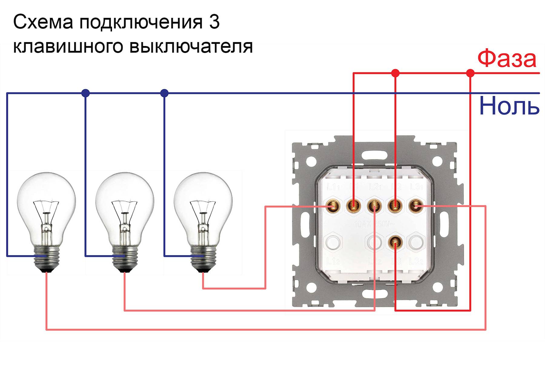 Как подключить трёхклавишный выключатель освещения