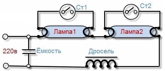 Схема подключения люминесцентной лампы с дросселем и стартером: как подключить лампу дневного света в потолочный или другой светильник, собрать электросхему для включения в сеть