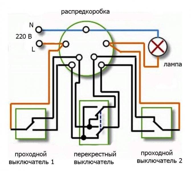 Схема подключения проходного выключателя с 2х мест, монтаж